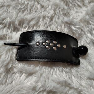 Vintage Black Leather Tooled Hair Bun Stick  With Silver Studs/ See Info